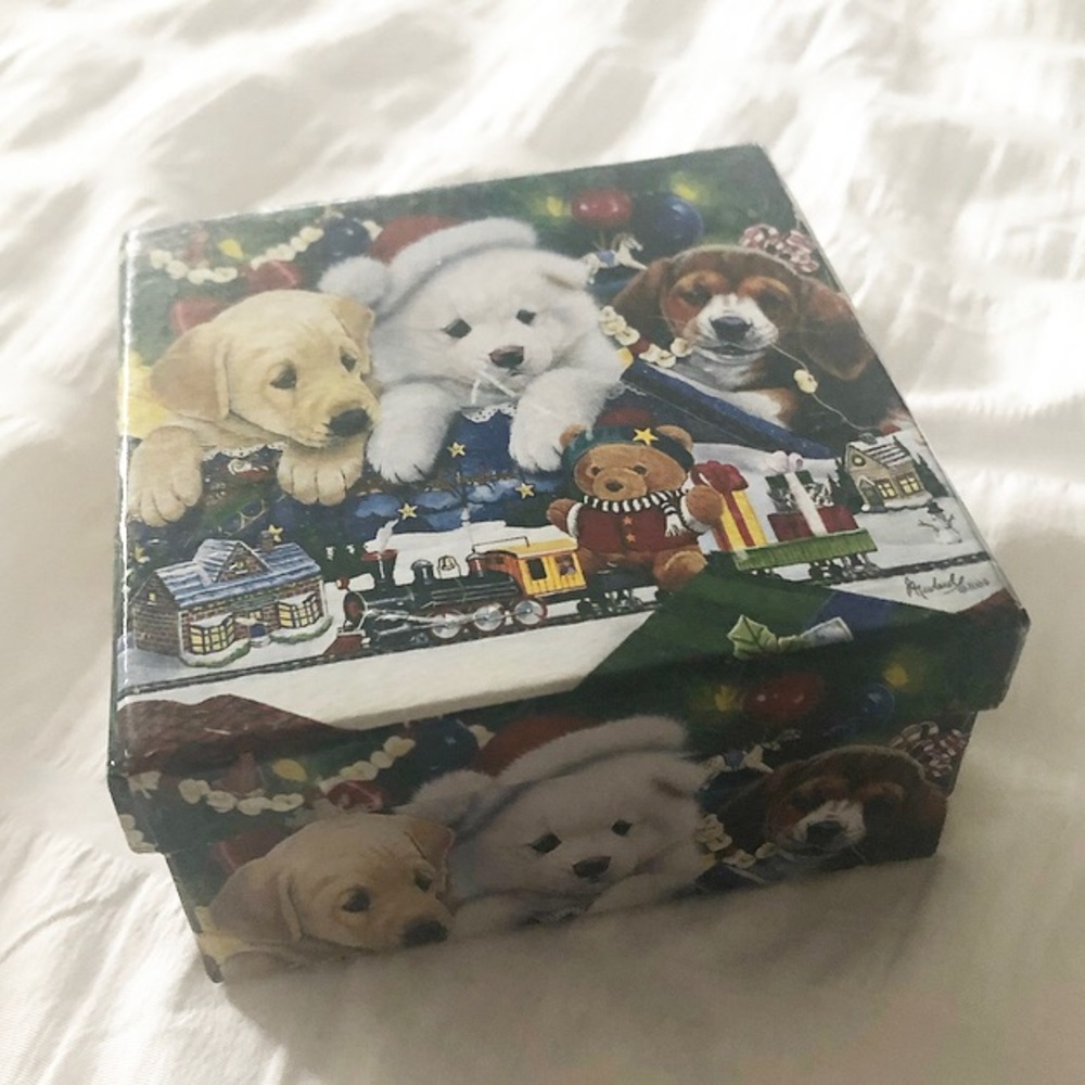 Vintage Small Puppies With Train Christmas Box